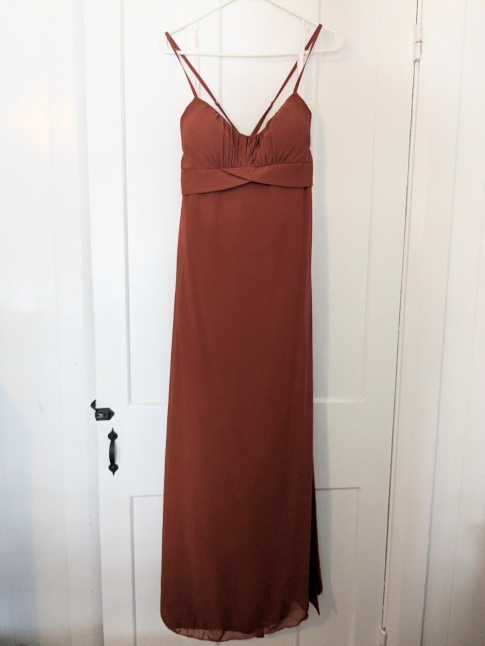 Maternity Dress: Azazie Llana A-Line Chiffon Floor-Length Dress in Auburn
